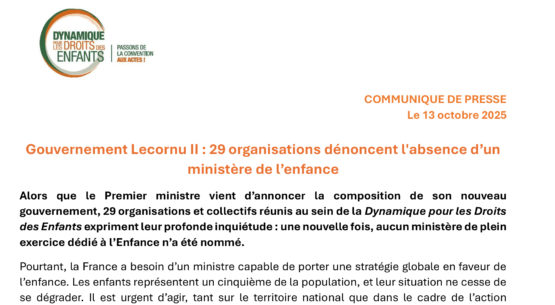 Gouvernement Lecornu II : 29 organisations dénoncent l’absence d’un ministère de l’Enfance