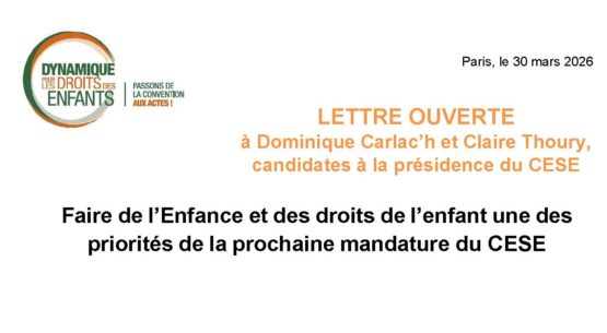 Présidence du CESE : la Dynamique interpelle les candidates pour faire de l’enfance une priorité de la prochaine mandature