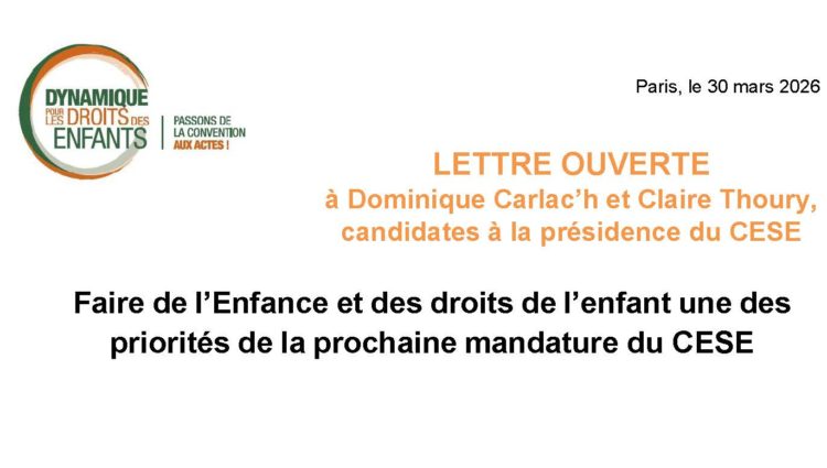 Présidence du CESE : la Dynamique interpelle les candidates pour faire de l’enfance une priorité de la prochaine mandature